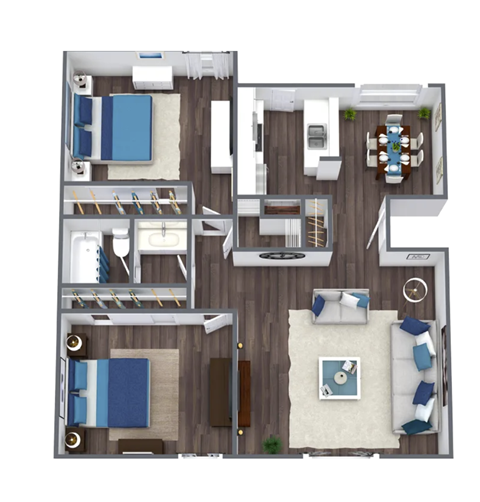 Floor plan for 2 beds, 2 baths, 950 sqft